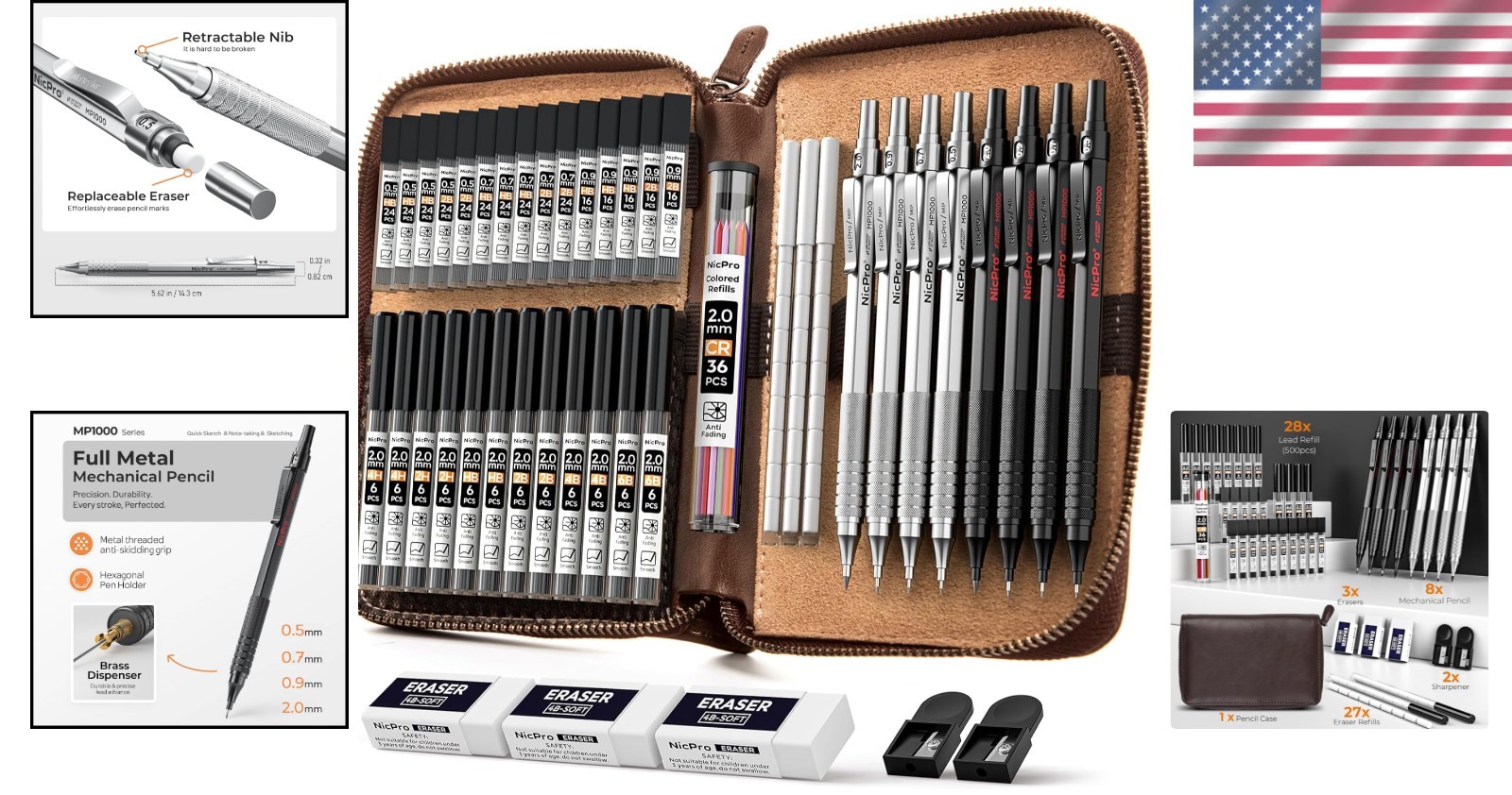 Professional Art Drafting Pencil Set in Leather Case