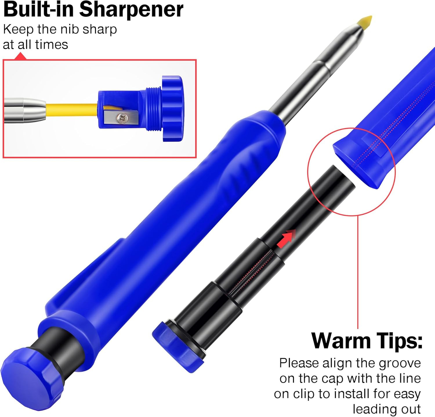 2 Pack Solid Carpenter Pencils with Pencil Cap and 18 Refills, Long Nose Deep Ho