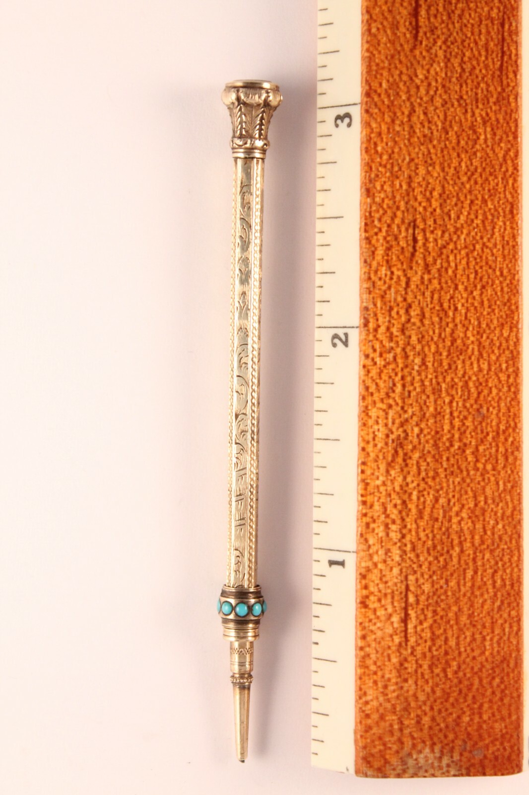 Victorian 9K Gold Ornate Retractable Pencil with Amethyst and Turquoise Stone