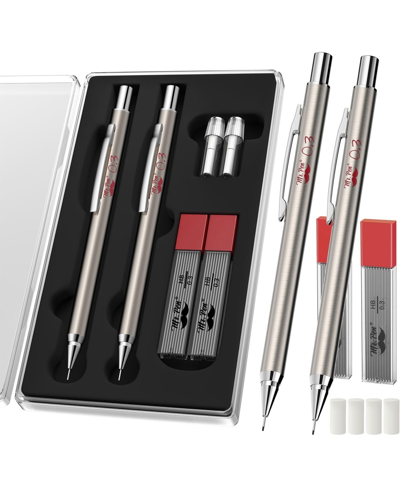 Mr. Pen- Metal Mechanical Pencils, 0.3mm, 2 Pack, 1 Count (Pack of 1), Silver