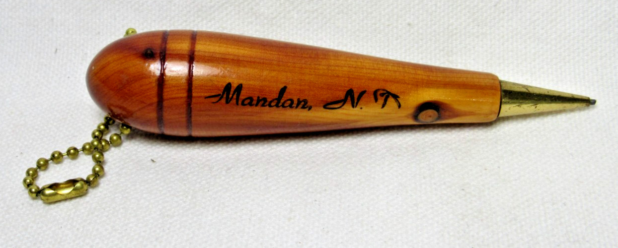 Vintage 1960’s Wood Teardrop Shaped Mechanical Pencil Keyring Mandan N.D.