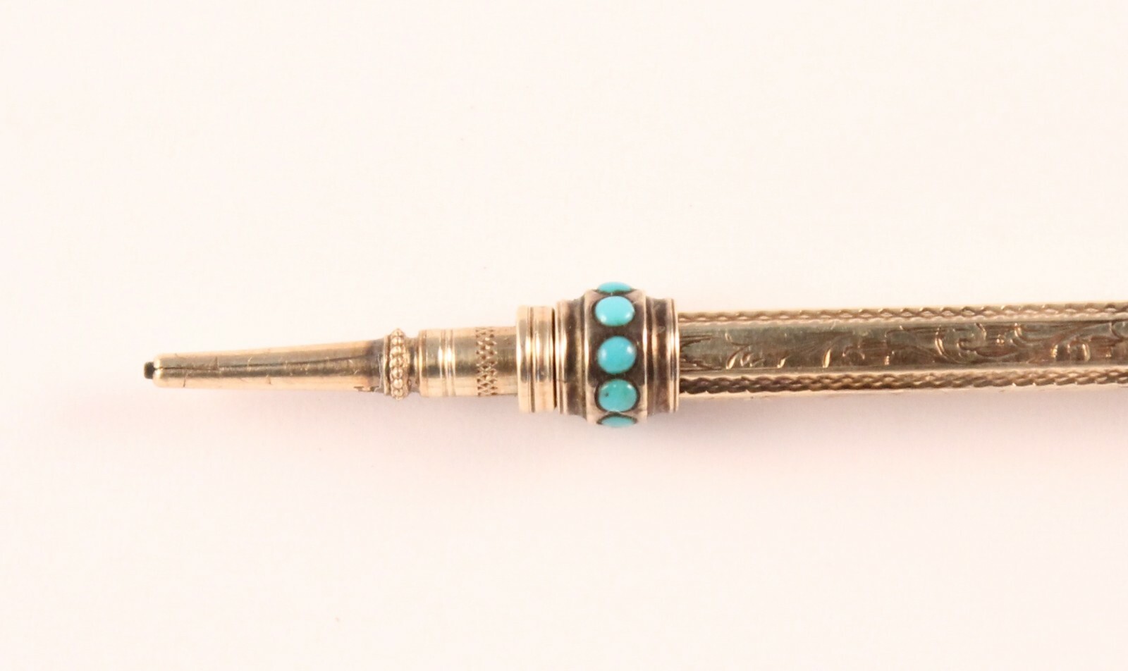 Victorian 9K Gold Ornate Retractable Pencil with Amethyst and Turquoise Stone