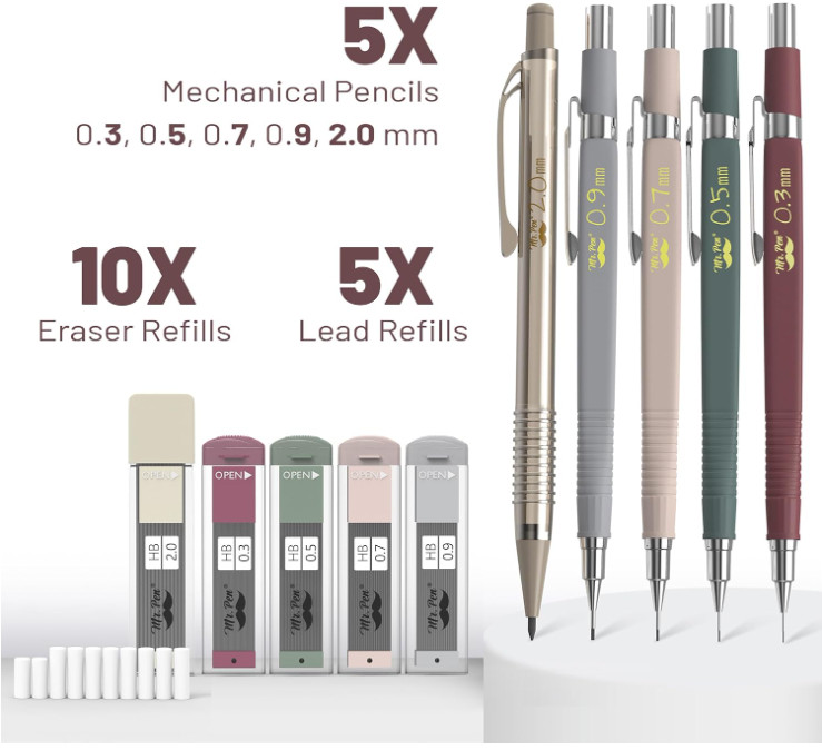 Mr. Pen- Art Mechanical Pencil Set, 5 Sizes (0.3, 0.5, 0.7, 0.9, 2.0mm) | 5 HB L