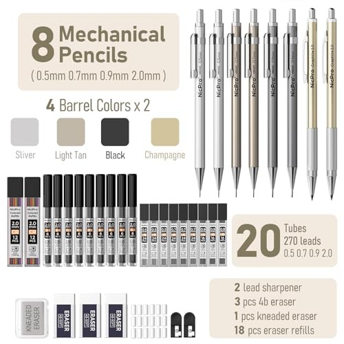 37PCS Art Mechanical Pencil Set, Metal 8 Pack （0.5mm & 0.7mm & 0.9mm & 2.0mm）
