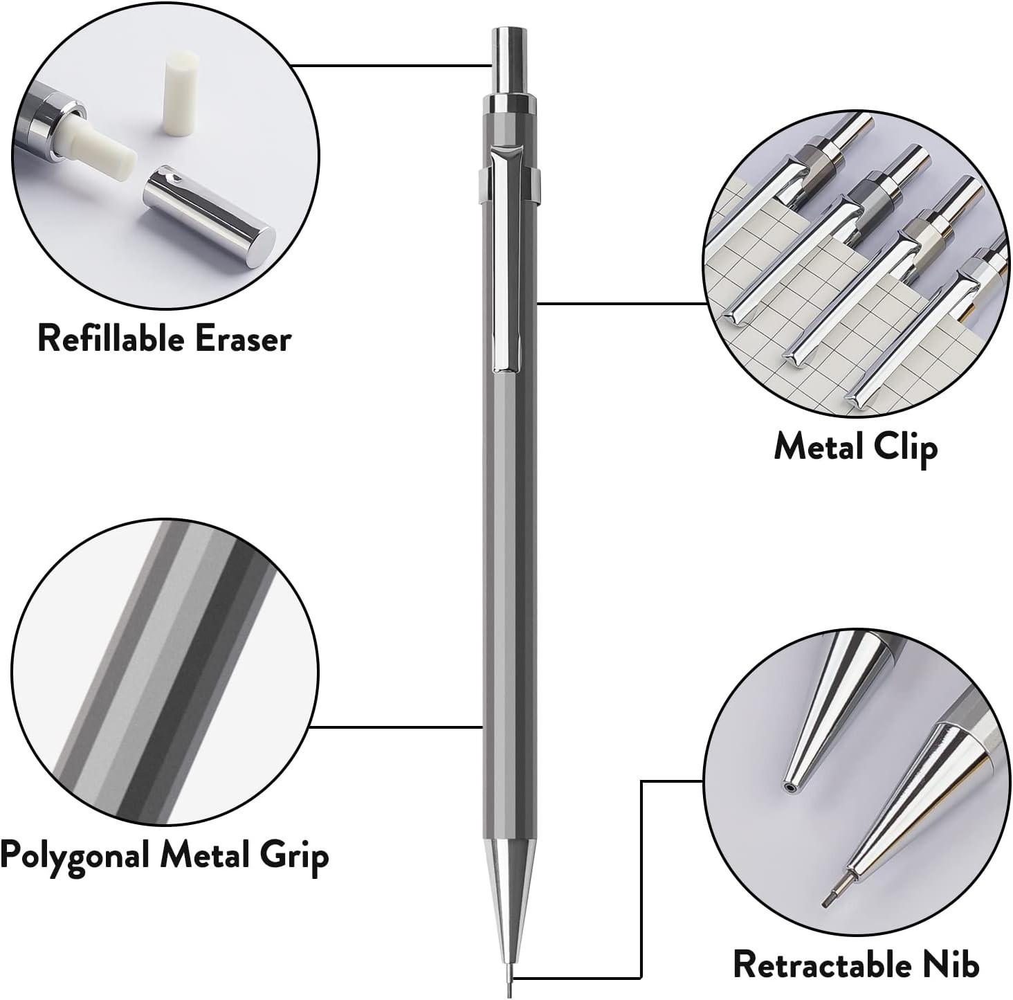 Complete 0.7mm Mechanical Pencil Kit – 4 Pencils, 8 Lead Tubes & 12 Erasers