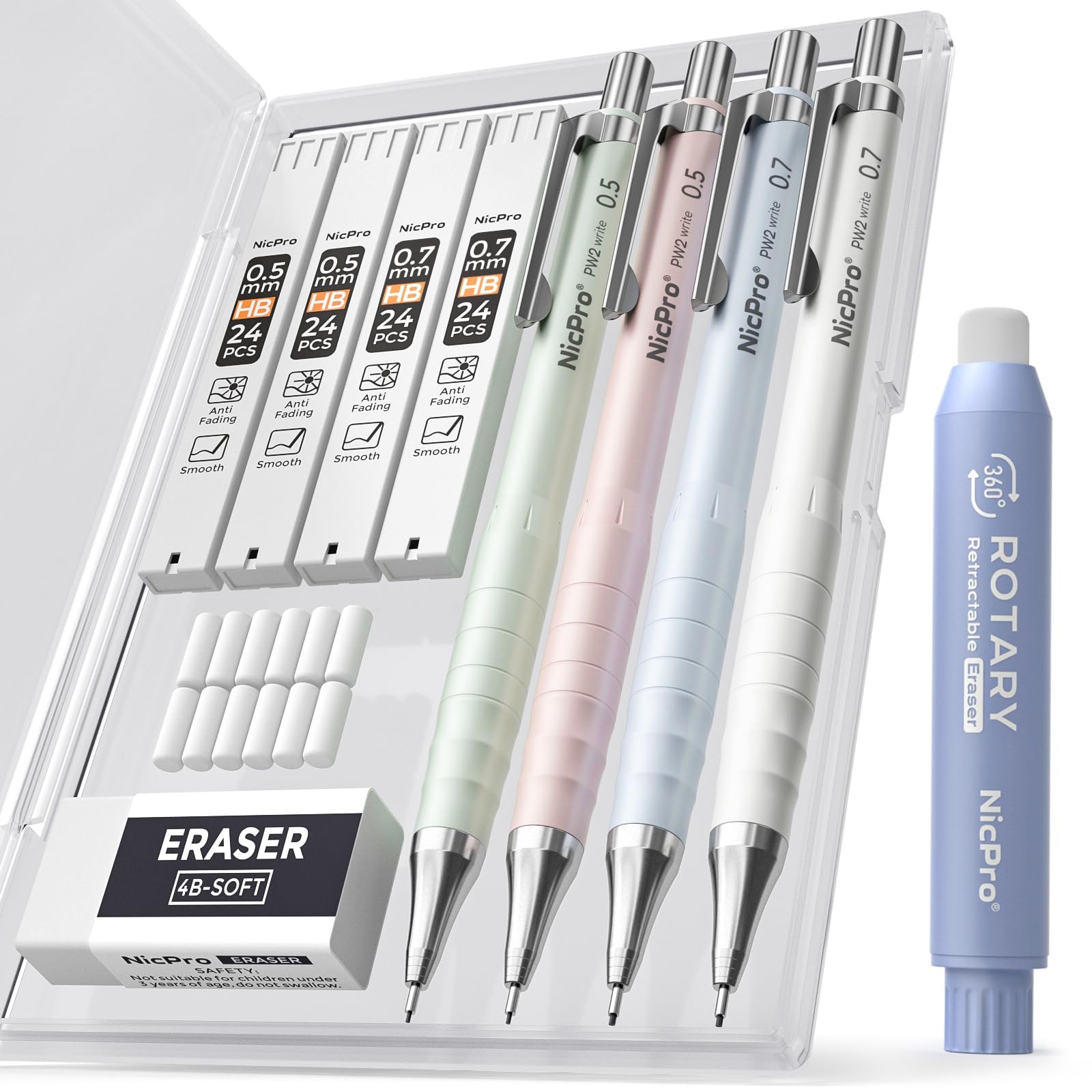 Nicpro Cute Mechanical Pencil Set, 4PCS 0.5 & 0.7 mm Pastel Drafting