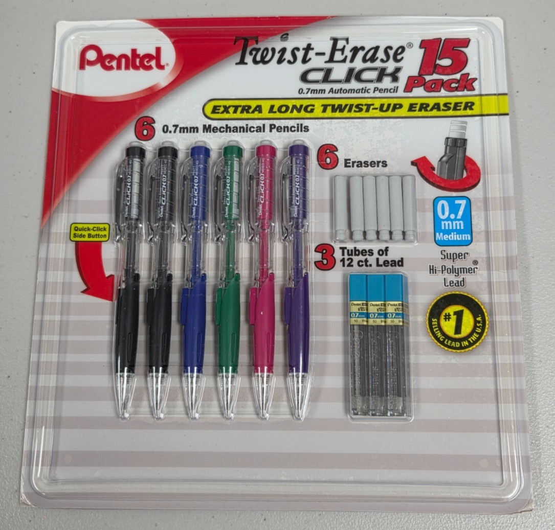 Pentel Twist-Erase Click Mechanical 0.7 mm Automatic Pencil Set + Leads + Eraser