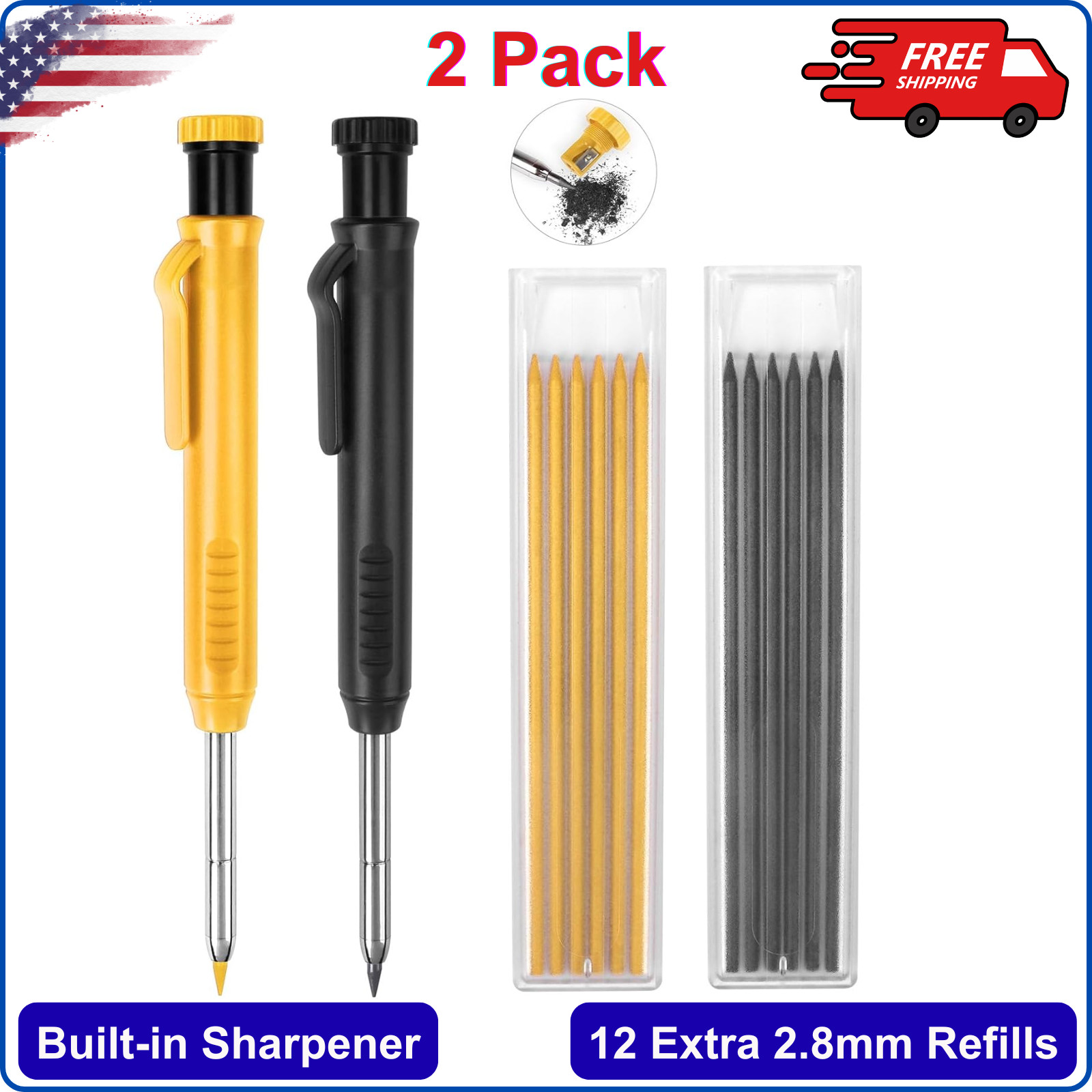 2 Pack Carpenter Pencils Construction Pencil w 12 Refills, Portable Clip Design