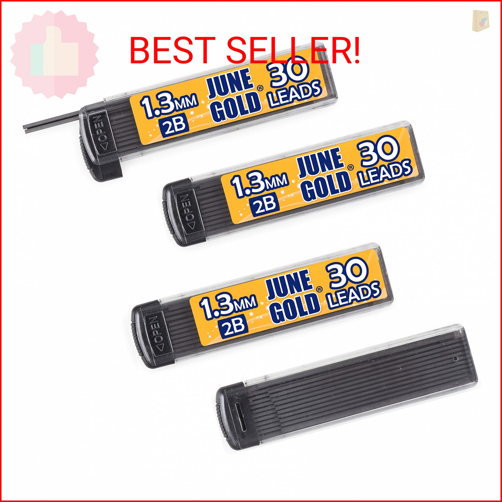 June Gold 120 Pieces, 1.3 mm 2B Lead Refills, 30 Pieces Per Dispenser, Medium Bo