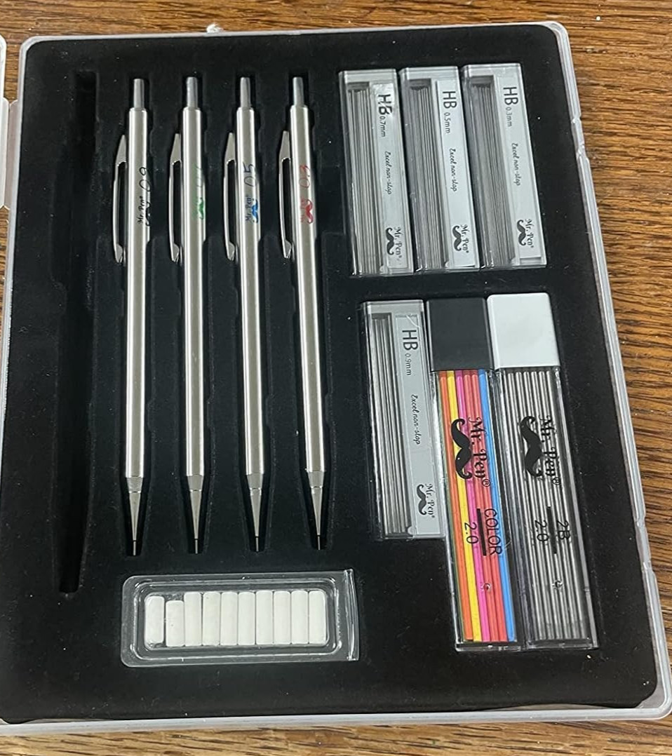 Metal Mechanical Pencil Set with Lead and Eraser Refills, 5 Sizes, 0.3, 0.5, 0.7