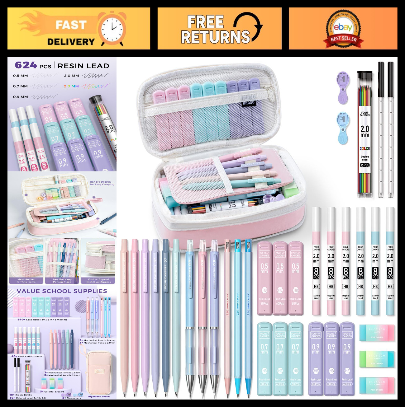 36PCS Mechanical Pencil Set with 624 Lead Refills – 0.5mm to 2.0mm, Aesthetic Sc