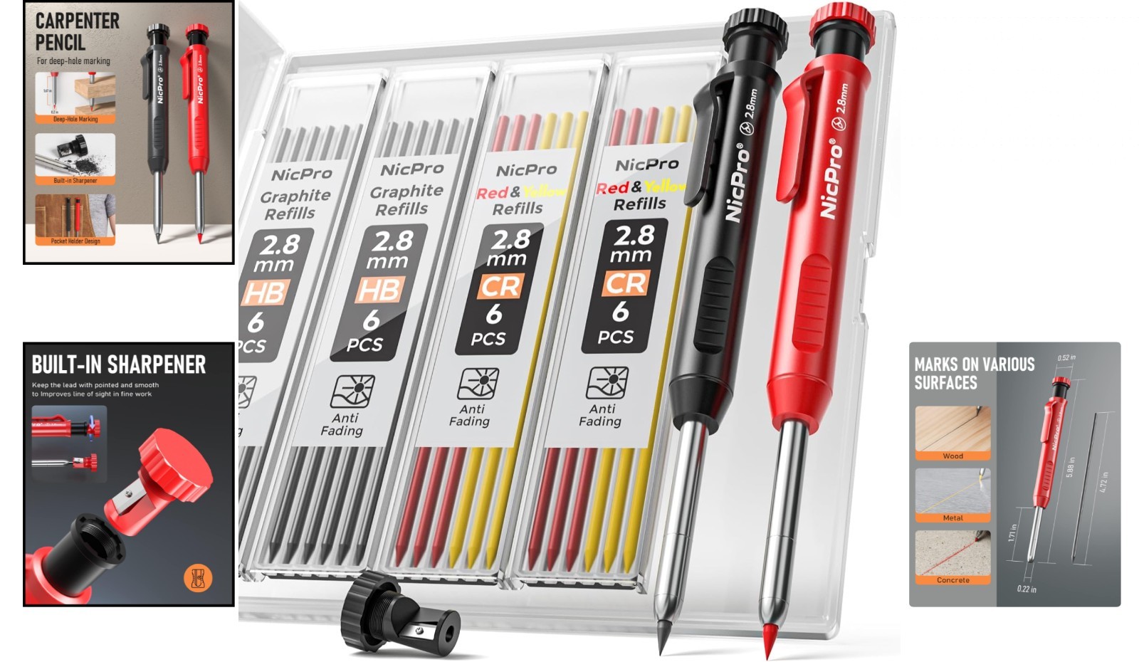 Carpenter Pencil with Sharpener, Mechanical Pencils Set with 26 Refills,