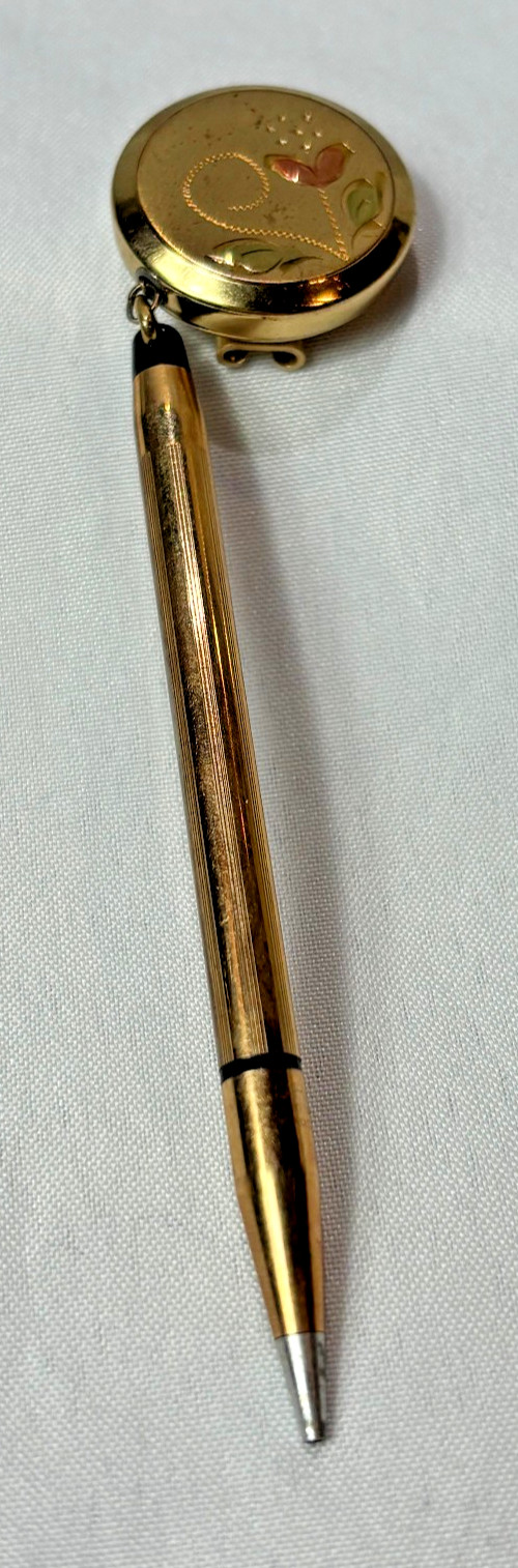Vtg Cross Mini 10kt GF Pencil On Ballou & Bass Retractable Chain Brooch