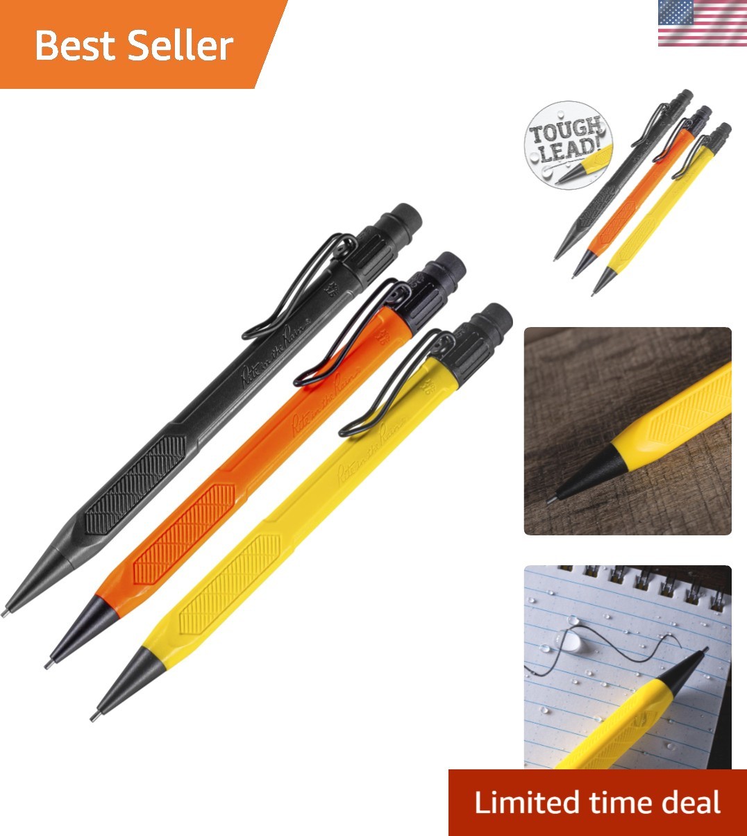 Weatherproof Mechanical Pencil, Yellow, Black, Orange Barrel, 1.3mm Dark Lead…