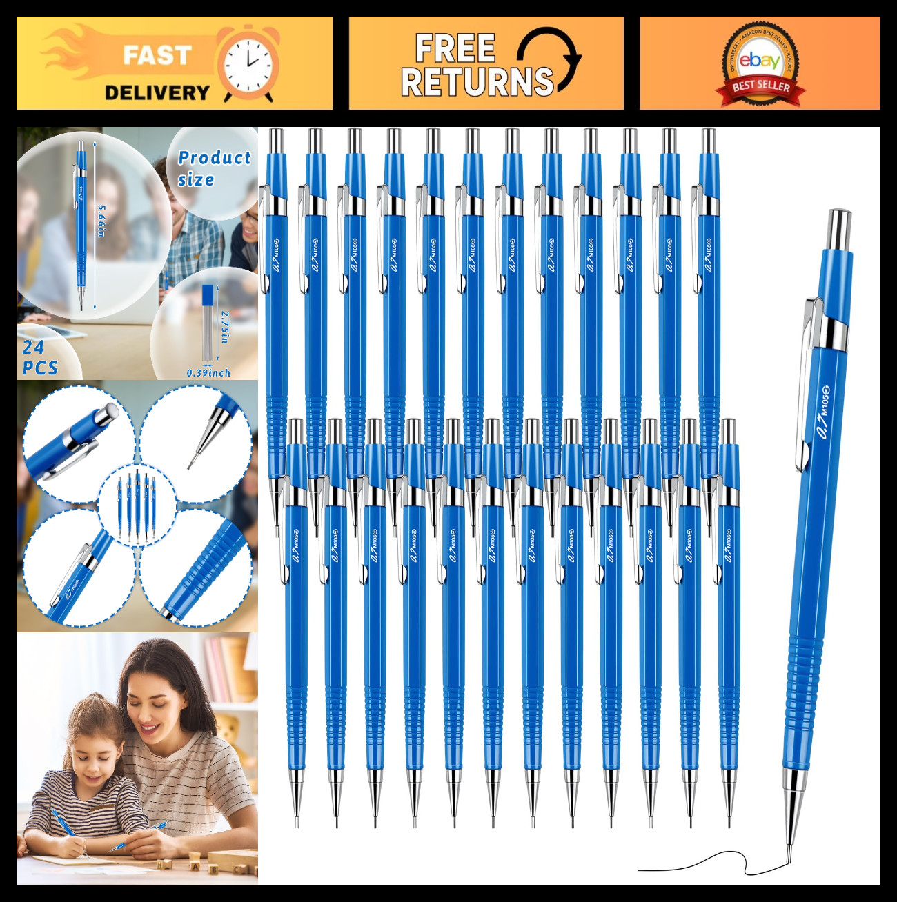 24 Pcs Retractable Mechanical Pencils 0.7mm – Metal Penpoint for Writing & Drawi