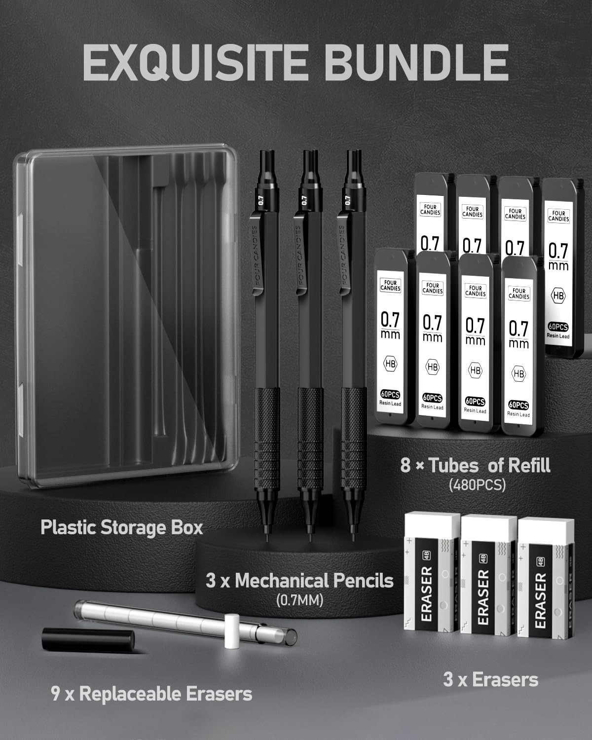 Mechanical Graphite Pencil Set, 3pcs Black Metal Pencils with Anti-Skid Grip,…