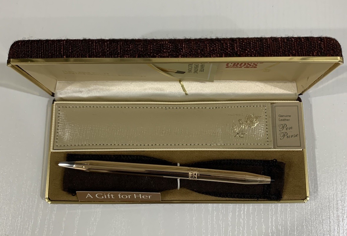 CROSS For Her 14kt Gold Filled Rose Design Pen With CROSS Leather Pen Purse