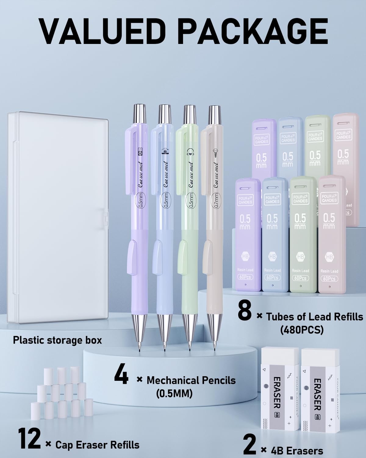 Cute Mechanical Pencil Set with Case, 4PCS 0.5mm Pastel Fast Click Aesthetic …