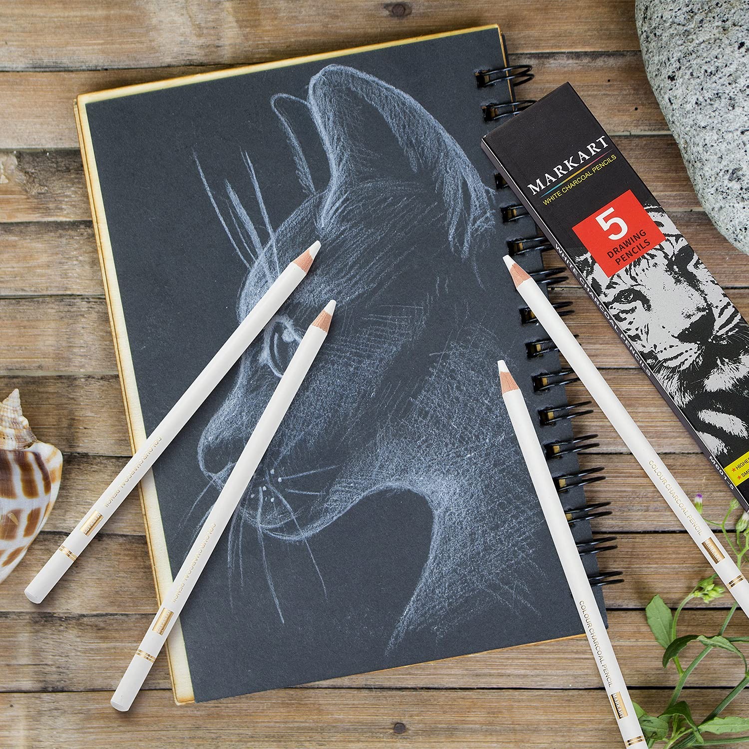 MARKART Professional White Charcoal Pencils Set, 5 5 Count (Pack of 1),