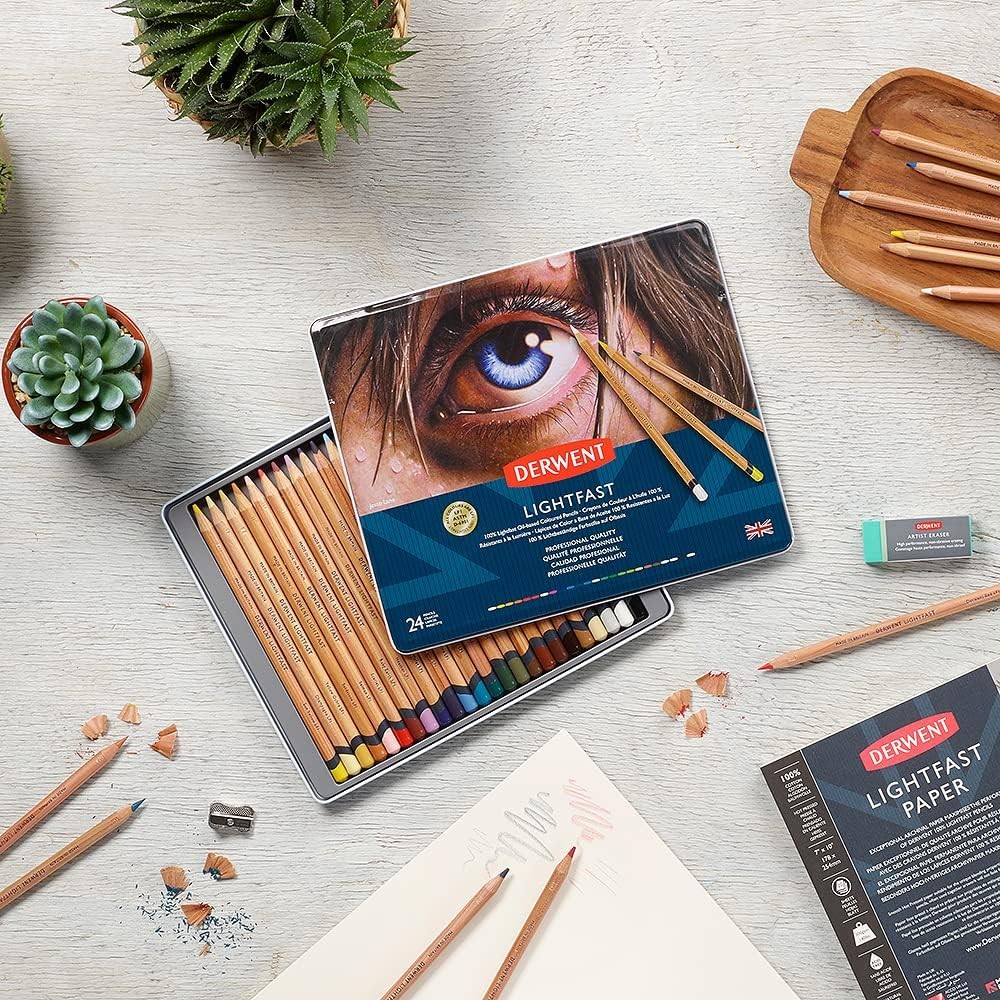 Derwent Lightfast Colored Pencils 24 Tin, Set of 24 Count (Pack 1), Multi