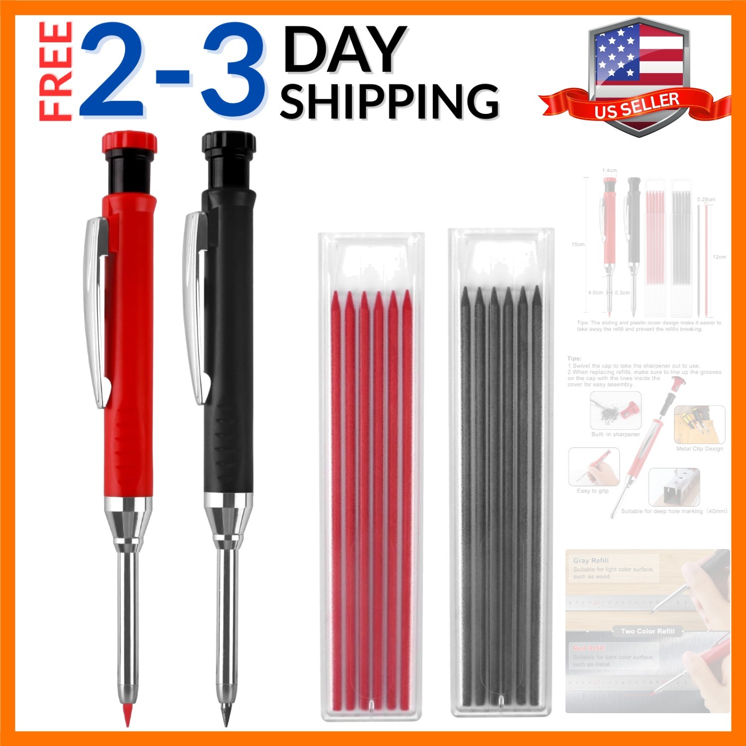 2 Pack Carpenter Pencils Mechanical Pencils with 12 Refills, Upgraded Constru…
