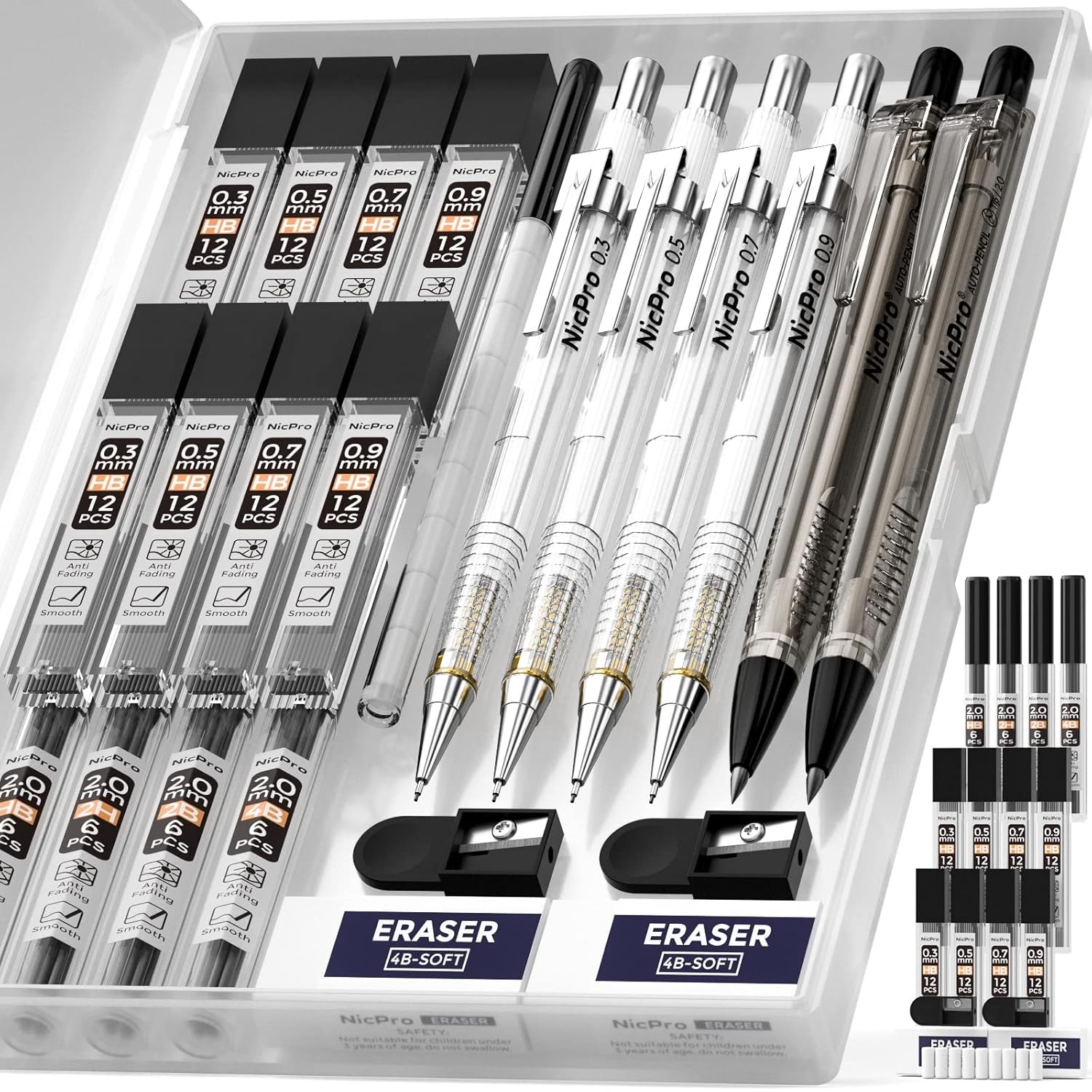 Nicpro 6PCS Mechanical Pencil Set Drafting Pencil 0.3 0.5 0.7 0.9mm Art Drawing