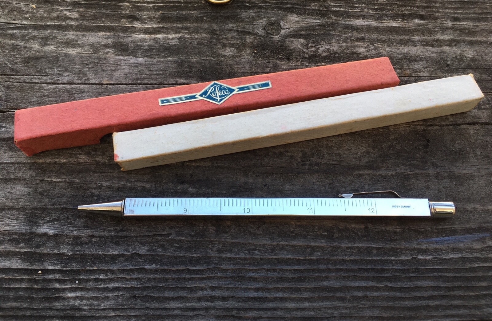 TELESCOPING Rofeco mechanical PENCIL to 12″ RULER & pocket clip ANTIQUE bavarian