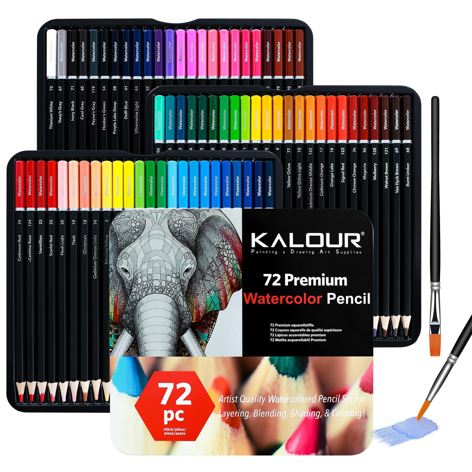 KALOUR Professional Watercolor Pencils with 2 Brush – 72 1 Count (Pack of 72)