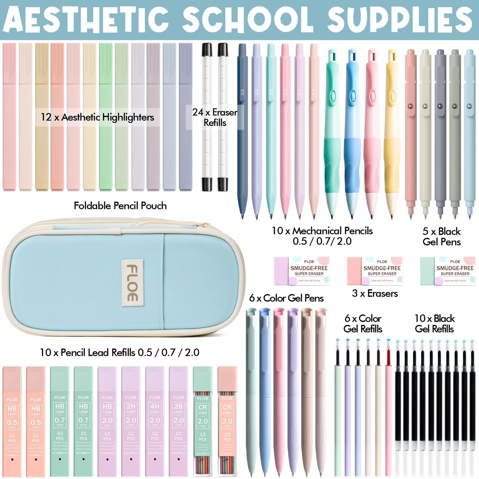 65PCS Aesthetic School Supplies with Cute Pencil Case, Pastel Highlighters Ge…