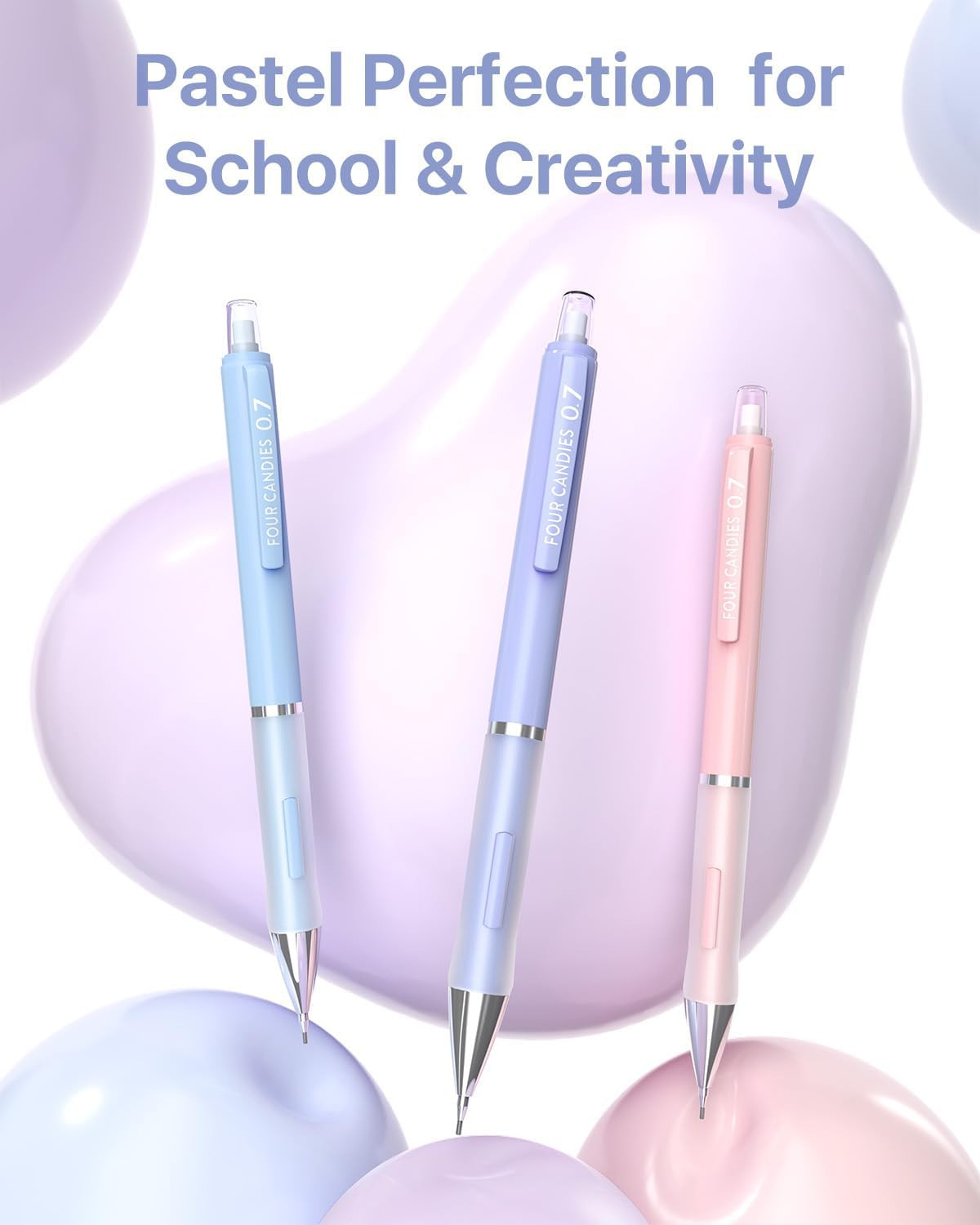 Four Candies 6PCS Cute Mechanical Pencil Set, 0.5Mm 0.7Mm 0.9Mm with 360PCS Lead