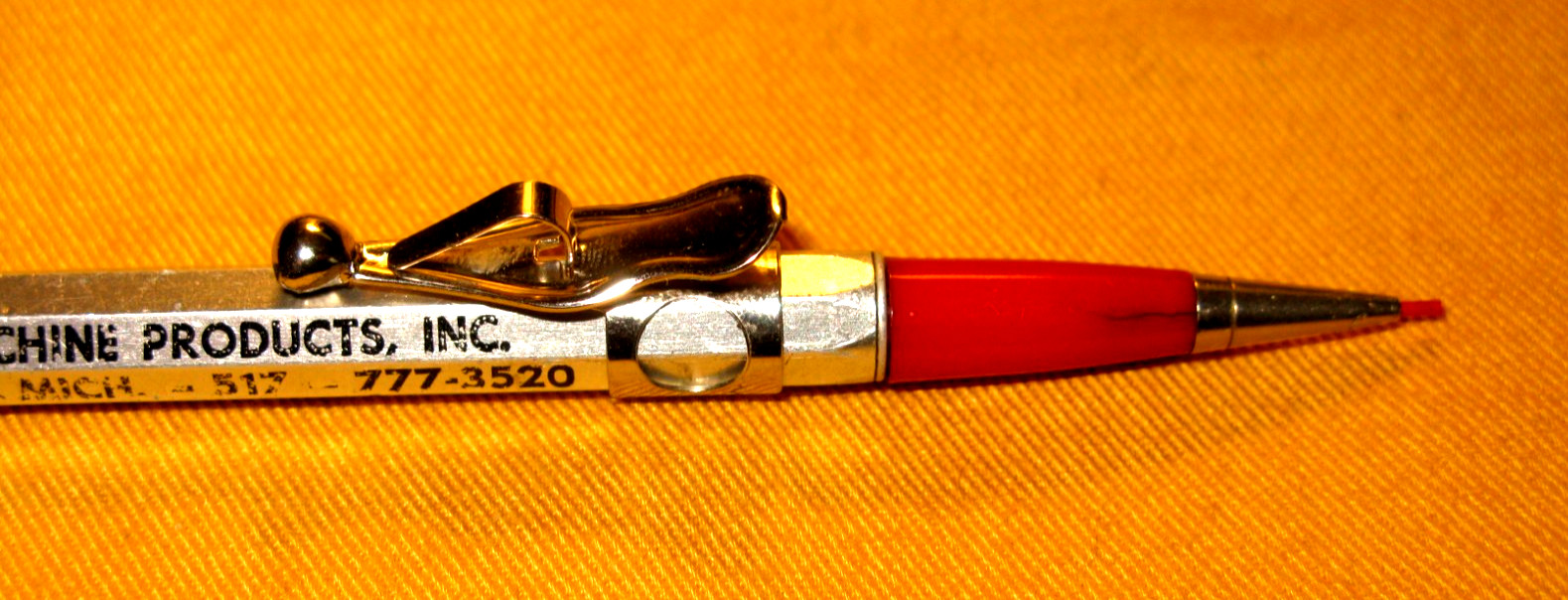VINTAGE 6″ LONG DOUBLE END MECHANICAL METAL RED/BLACK PENCIL W/MACHINE ADV.