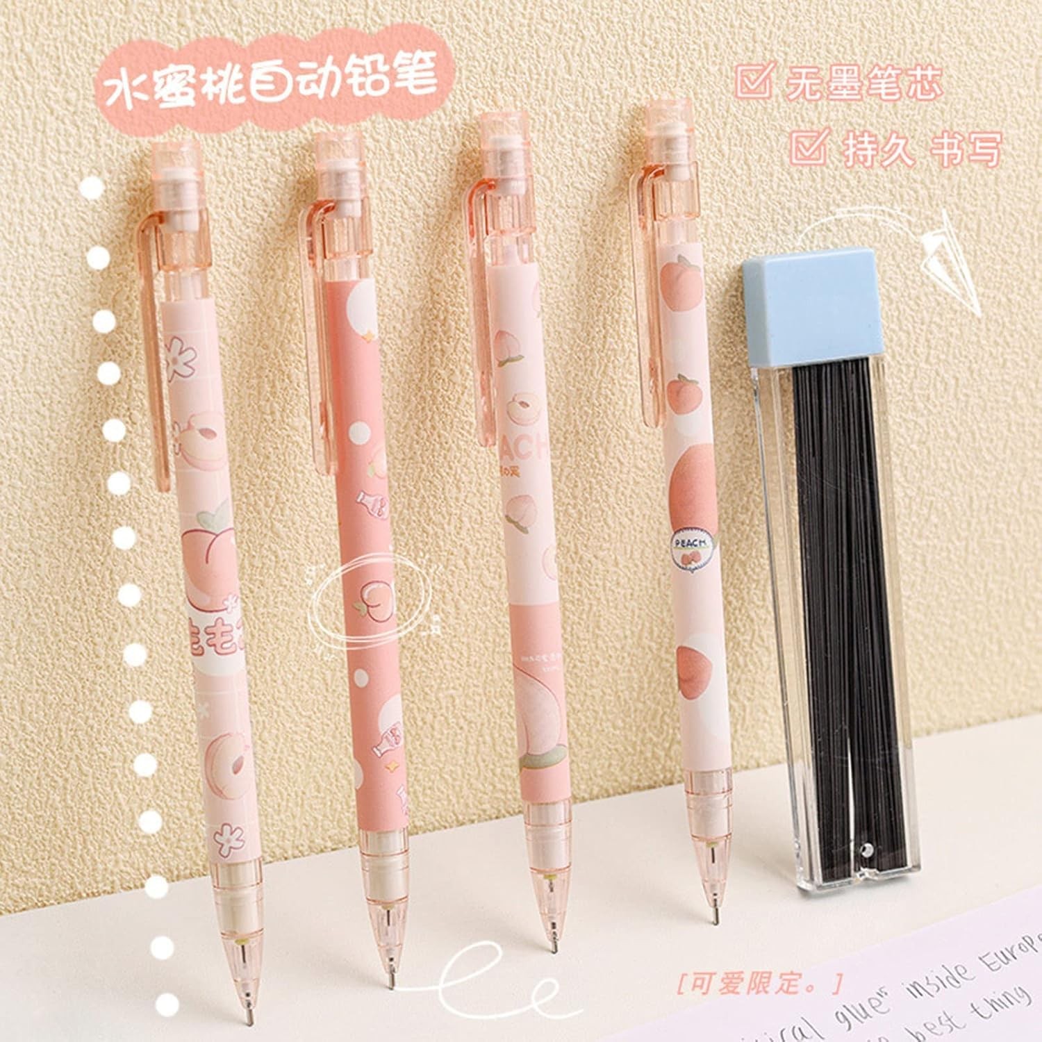 6 Pcs Cute Mechanical Pencils With Top Erasers Peach Automatic Pencils Statio…