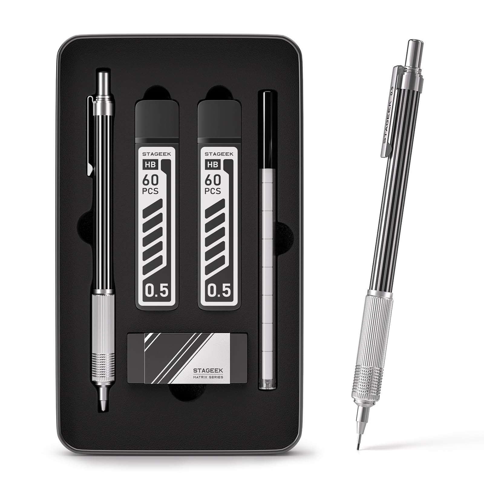 0.5mm Mechanical Pencil Silver Metal Case 120 PCS HB Lead Refills Eraser