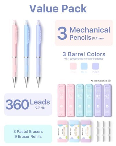 Pastel Mechanical Pencil Set 0.7mm, with HB #2 Lead Refills, Cute 0.7 mm