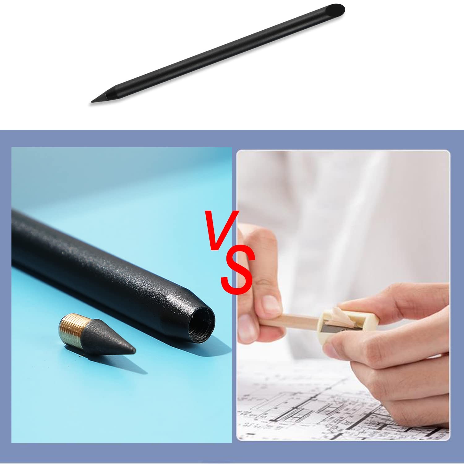 2pcs Metal Inkless Pencil with BONUS 2 1 Count (Pack of 2), Black, Silver