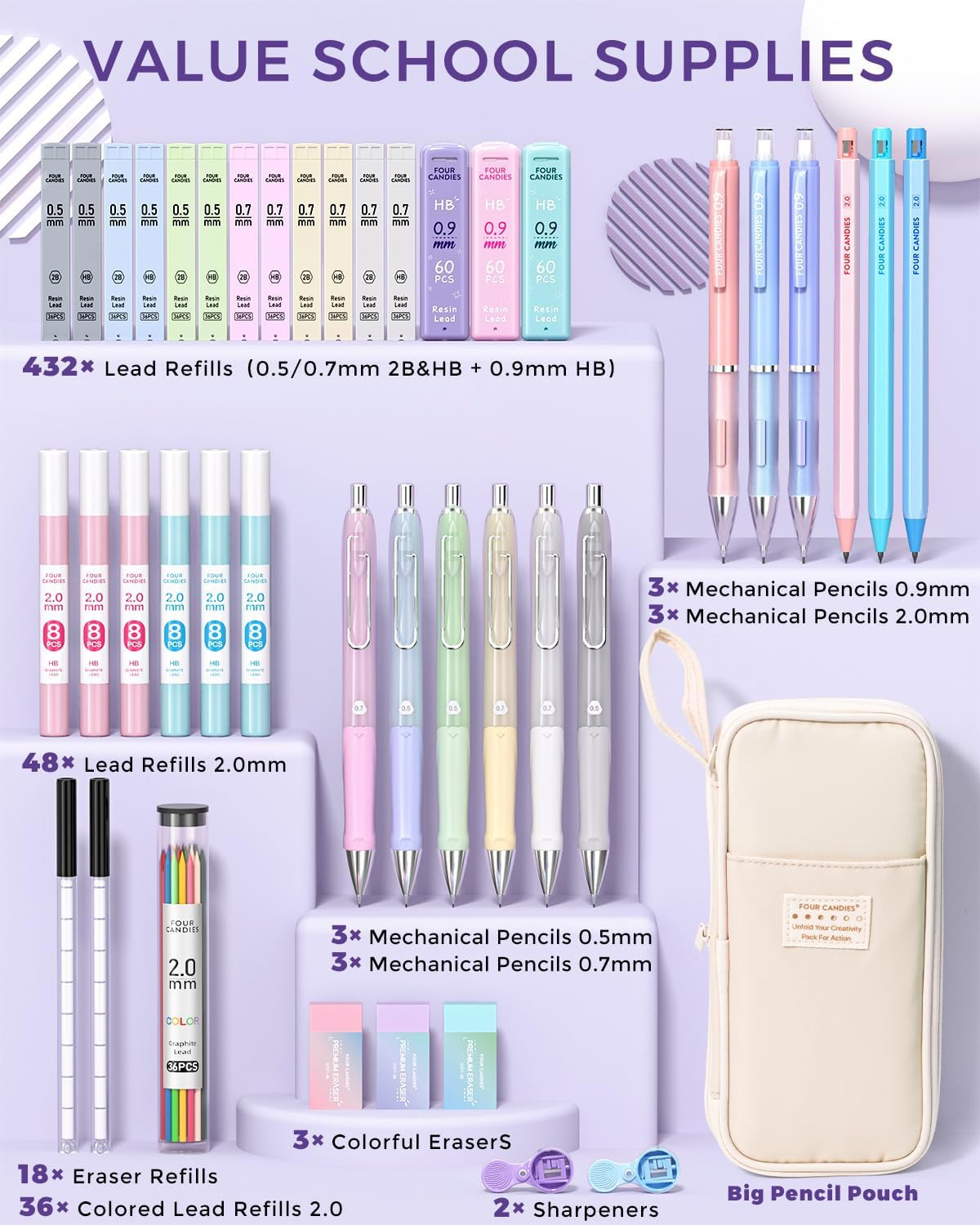 42PCS Aesthetic School Supplies, Mechanical Pencil Set 0.5mm, 0.7mm, 0.9mm, 2.0m