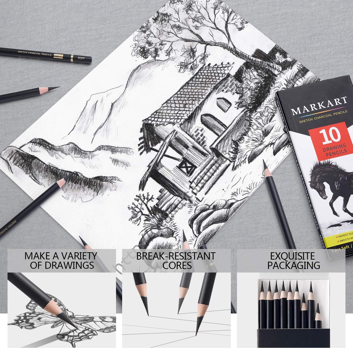 MARKART Professional Charcoal Pencils Drawing Set 10 Count (Pack of 1), Black
