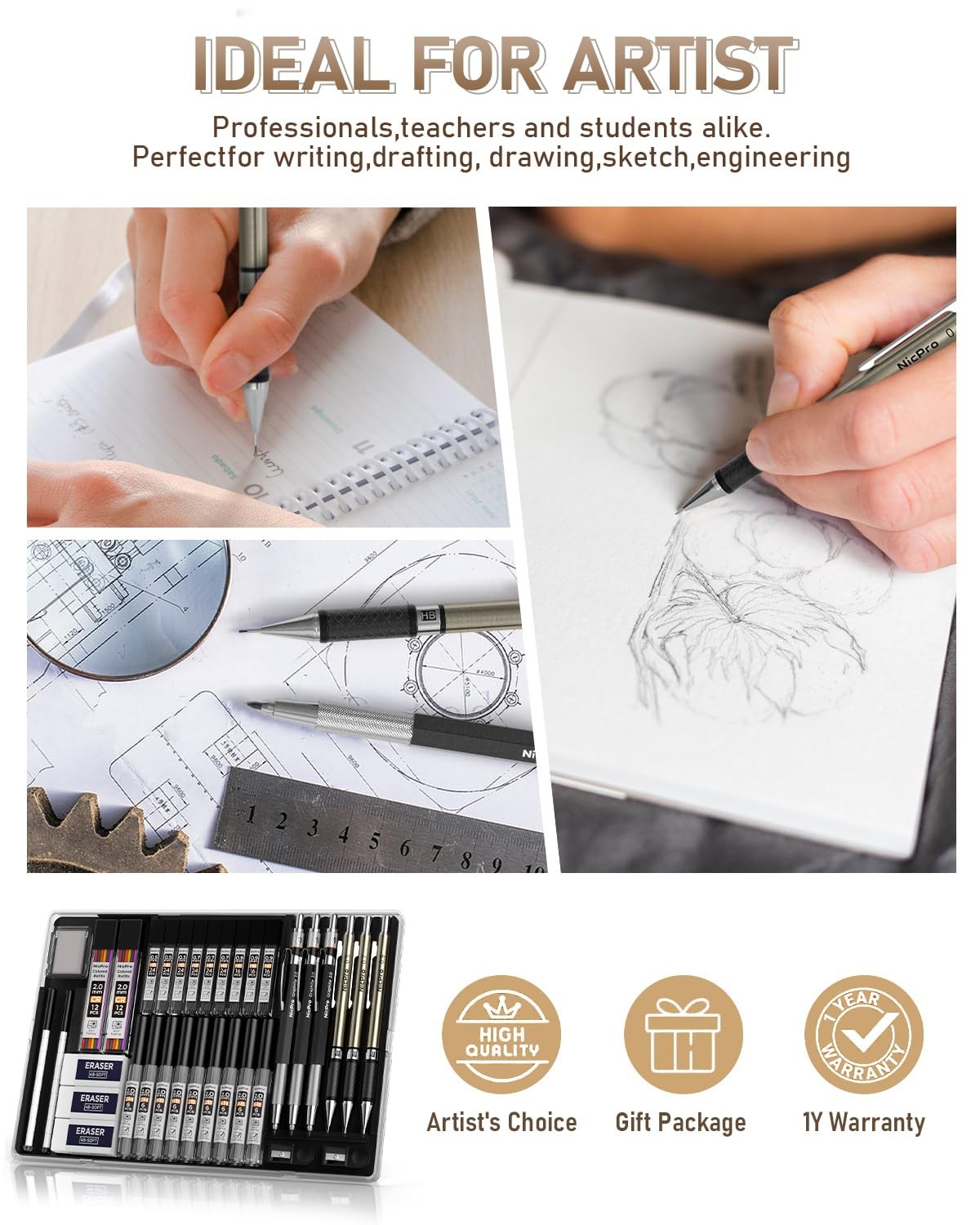 Nicpro 35PCS Art Mechanical Pencil Set, 3 PCS Metal Drafting 0.5 Black