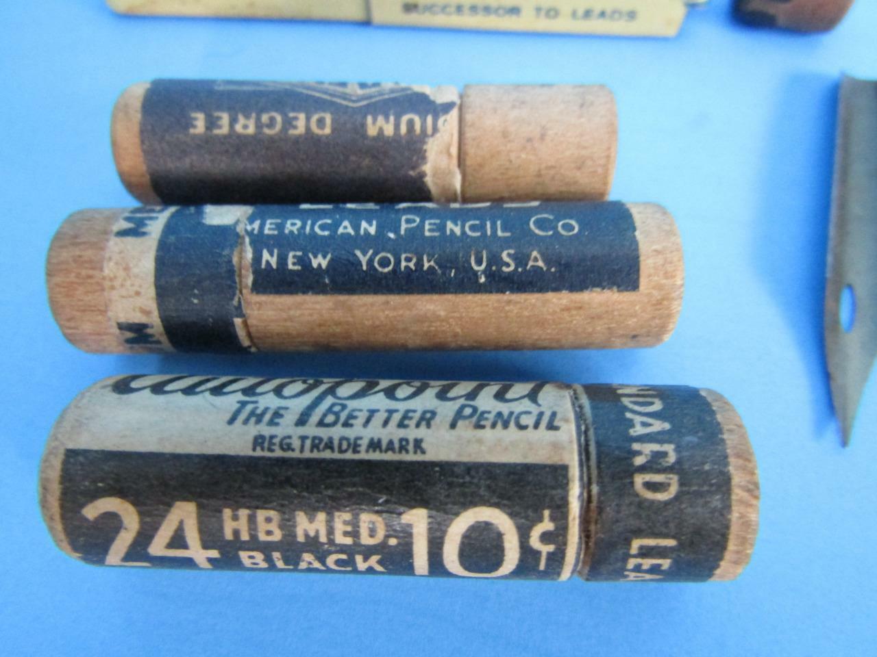 VINTAGE PENCIL LEAD IN WOOD CONTAINER + SCHAEFFERS SCRIPT LEAD IN TIN