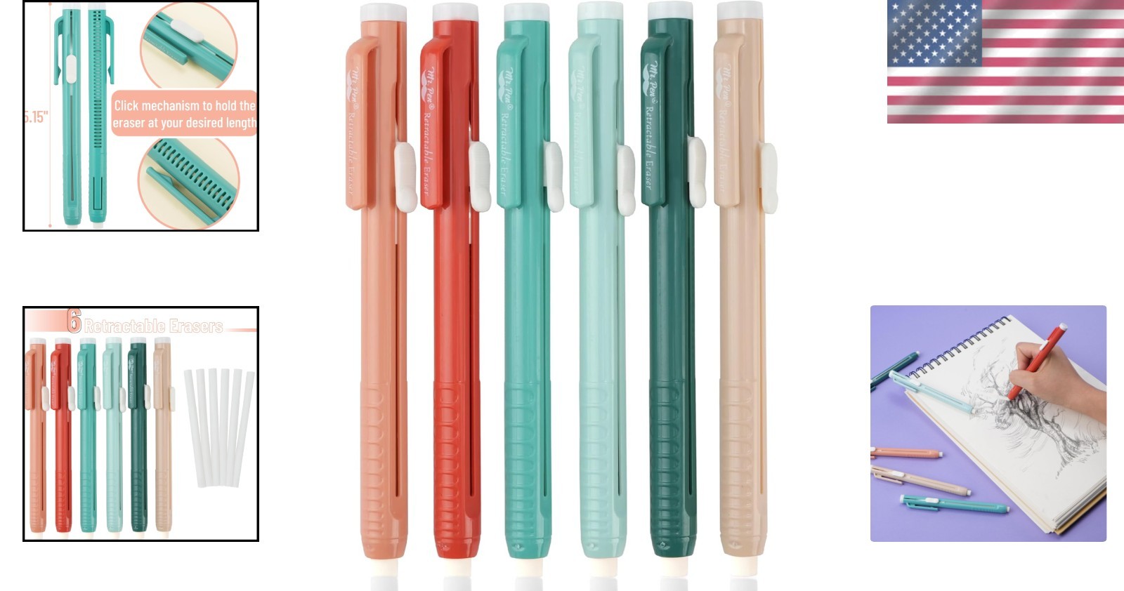 Smooth-Click Retractable Mechanical Erasers – 6 Coral Pens for Clean Corrections