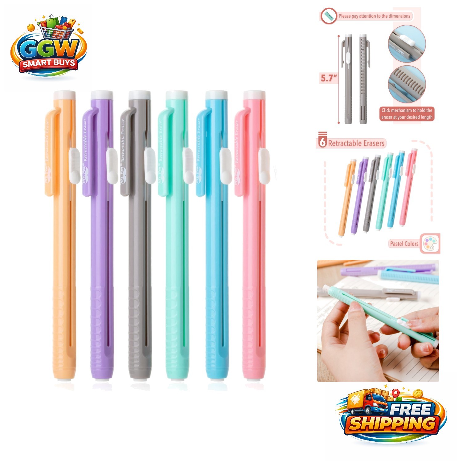 Elegant 6-Pack Pastel Retractable Eraser Pens for Flawless Sketching & Drafting