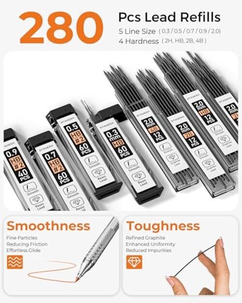 Metal Mechanical Pencil Set in Leather Case, 5PCS Silver 0.3 0.5 0.7 0.9 2.0