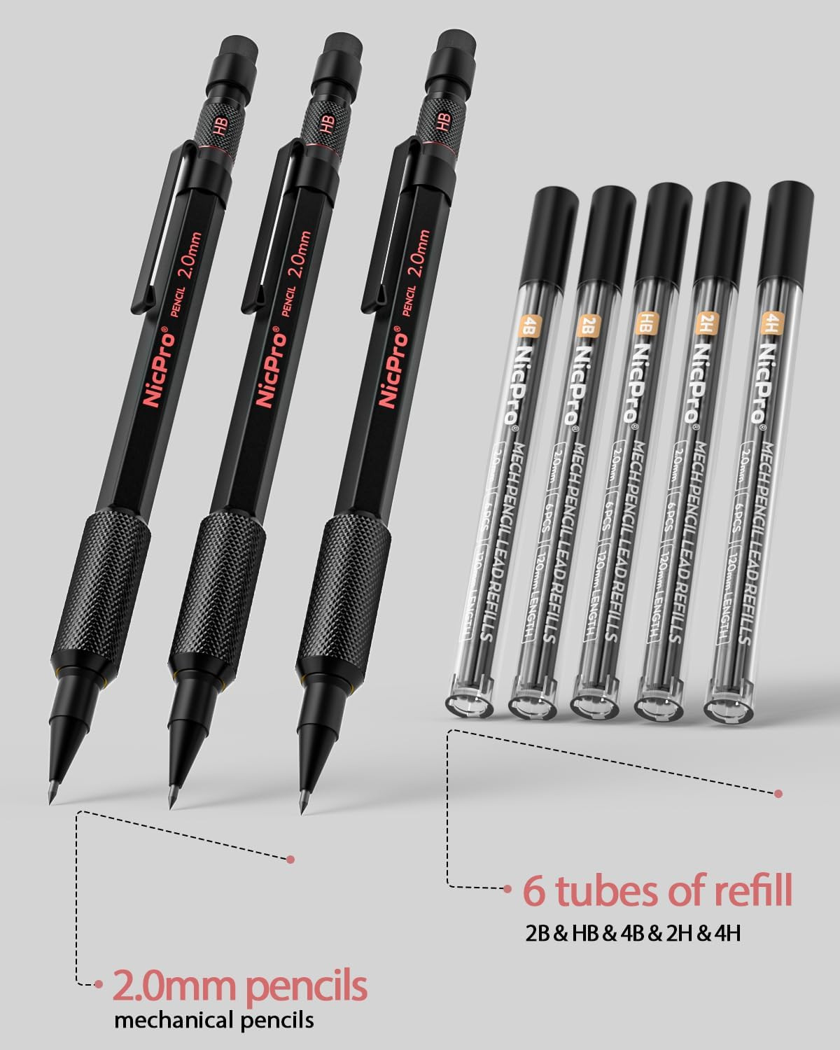 3 Pack 2Mm Mechanical Pencils Set with Case, 33 Graphite Lead Refills (4B 2B HB