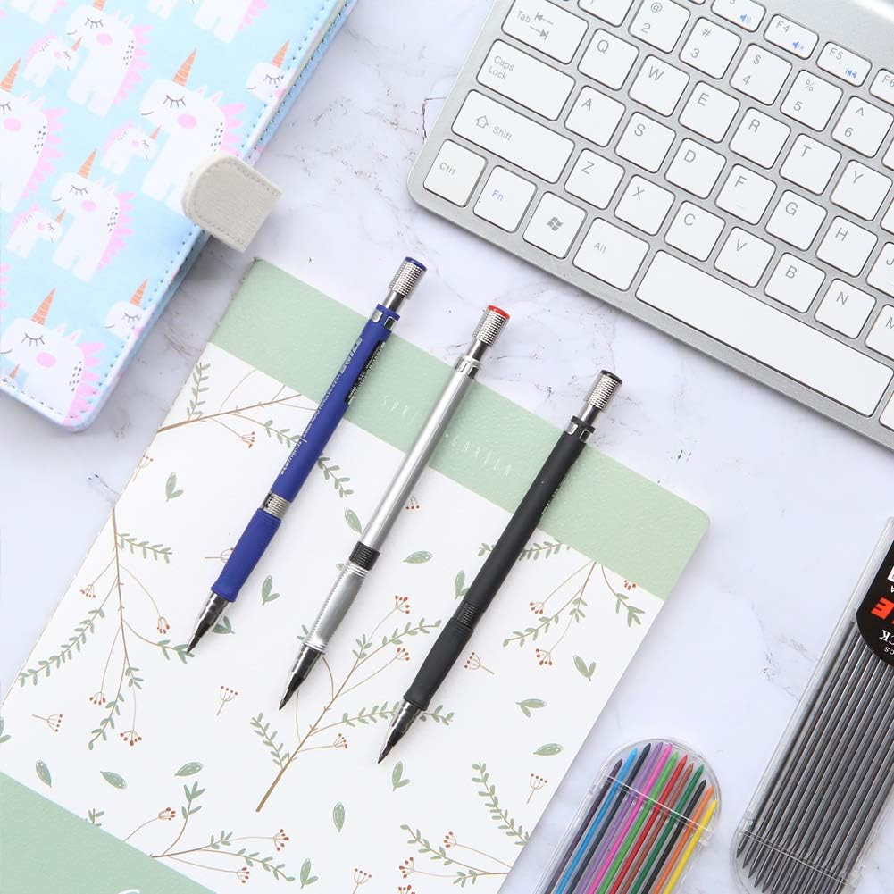 3 Pcs 2.0mm 2B Mechanical Pencils with Lead Refills Blue Black Silver New