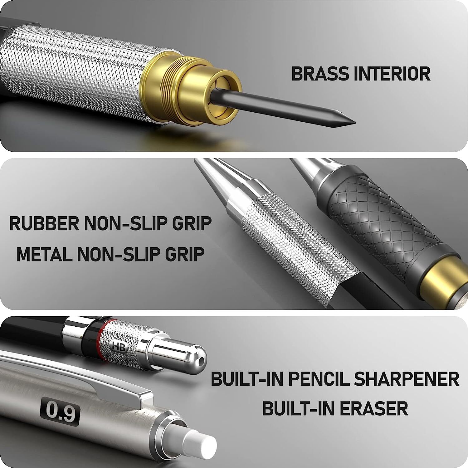 6 PCS Art Mechanical Pencils Set Metal Artist Drafting Pencil 0.2, 0.5 , 0.7,0.9