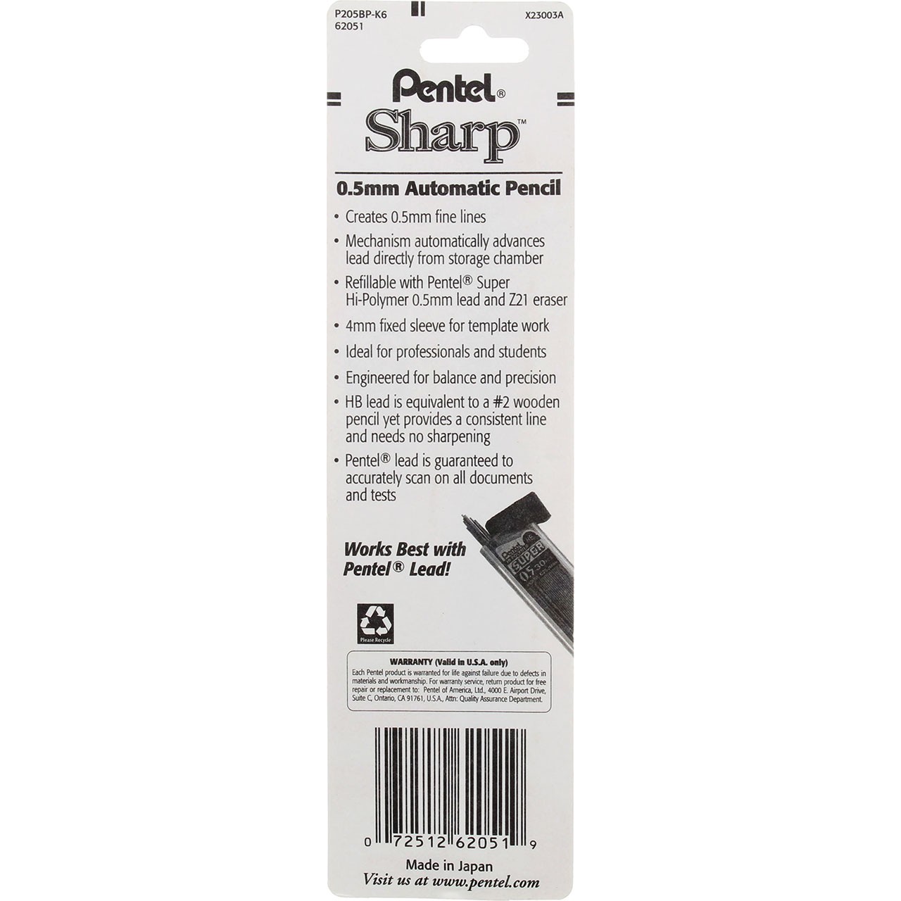 6 Pack Pentel Sharp Fine Mechanical Pencil, 0.5mm
