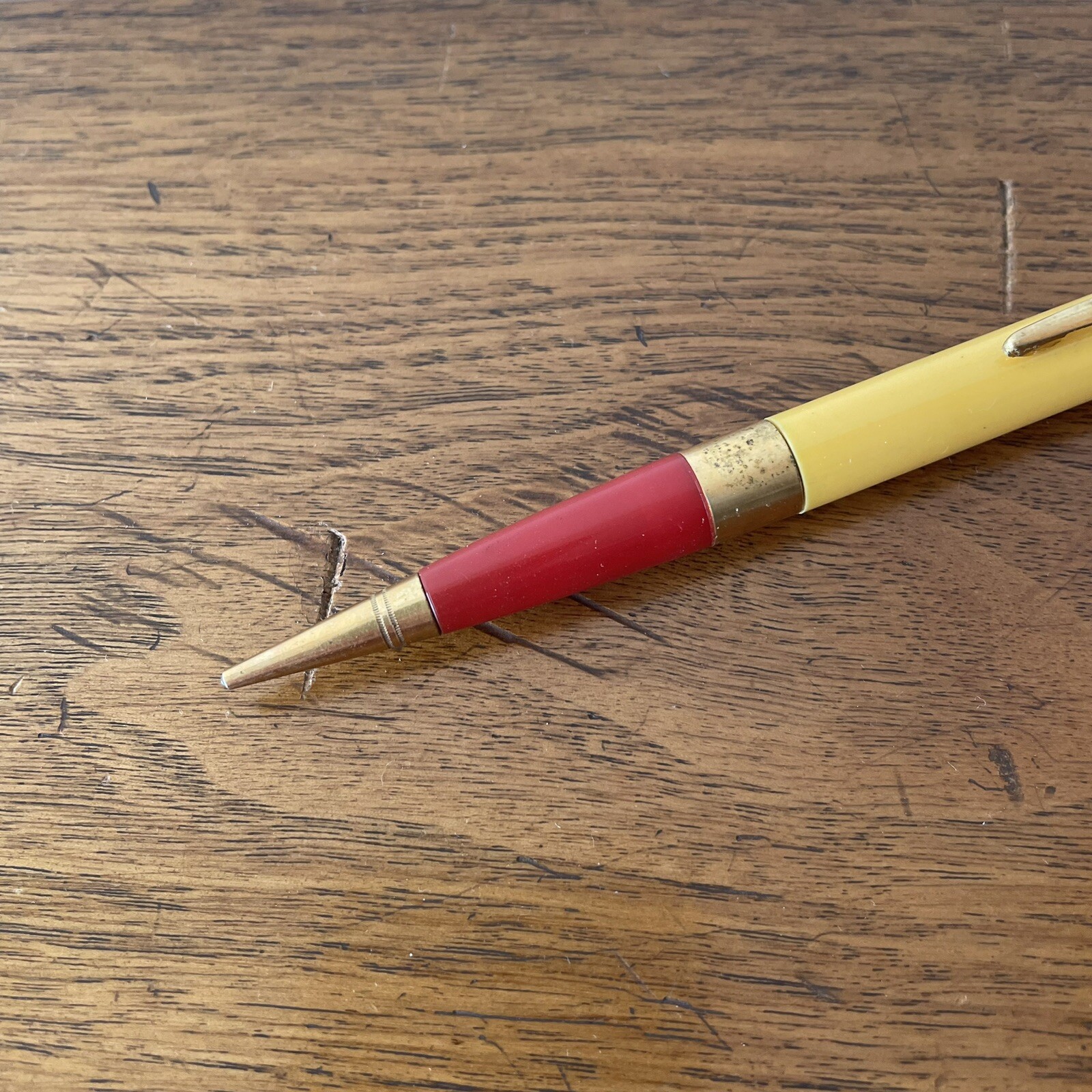 Vintage Mechanical Pencil Yellow & Red Plastic, Clear Lucite, Eraser, 6-1/4″ MCM