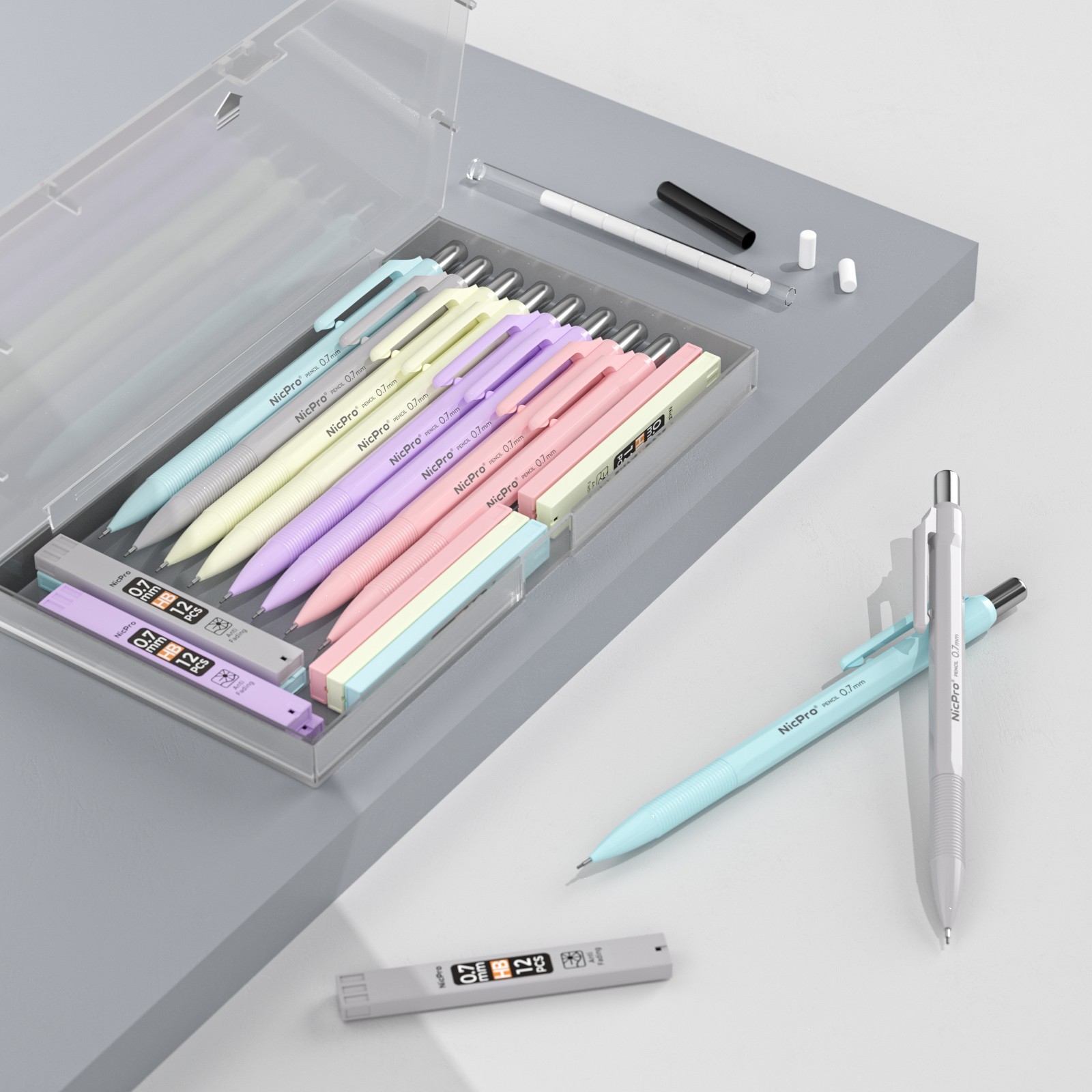Nicpro 10PS 0.7mm Pastel Drafting Pencils + Case, 10 HB Refills, 12 Erasers