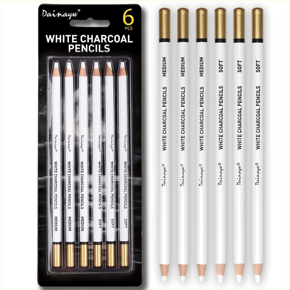 dainayw 6 Pcs White Charcoal Pencils Drawing Set, 1 Count (Pack of 6),
