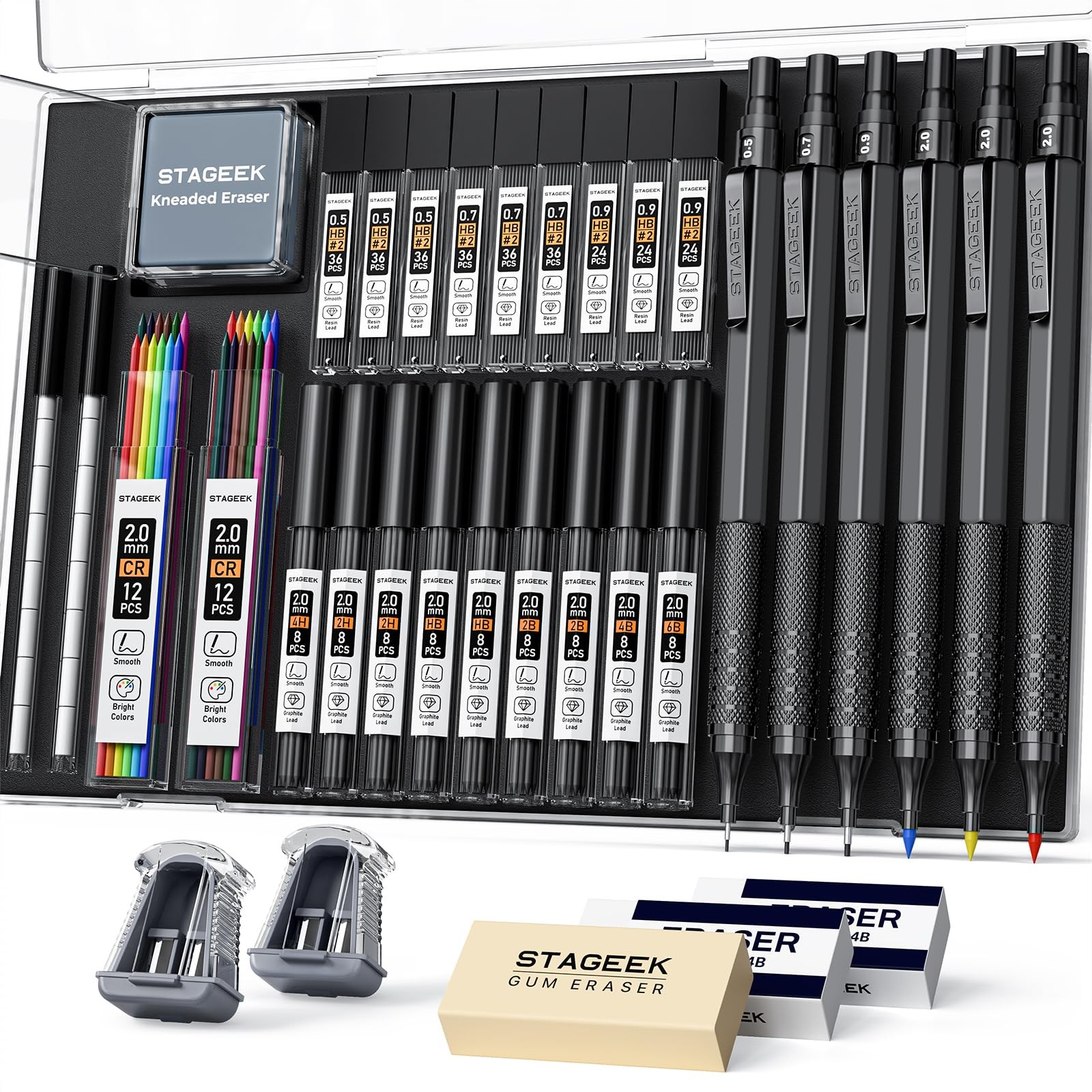 STAGEEK 35PCS Black Art Mechanical Pencil Set in Case，0.5 0.7 0.9 2.0